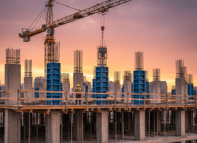 Building construction with crane